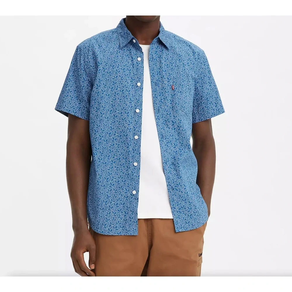 Levi's Mens‎ S Classic Fit Blue Floral Pattern Short Sleeve Button Up Camp Shirt